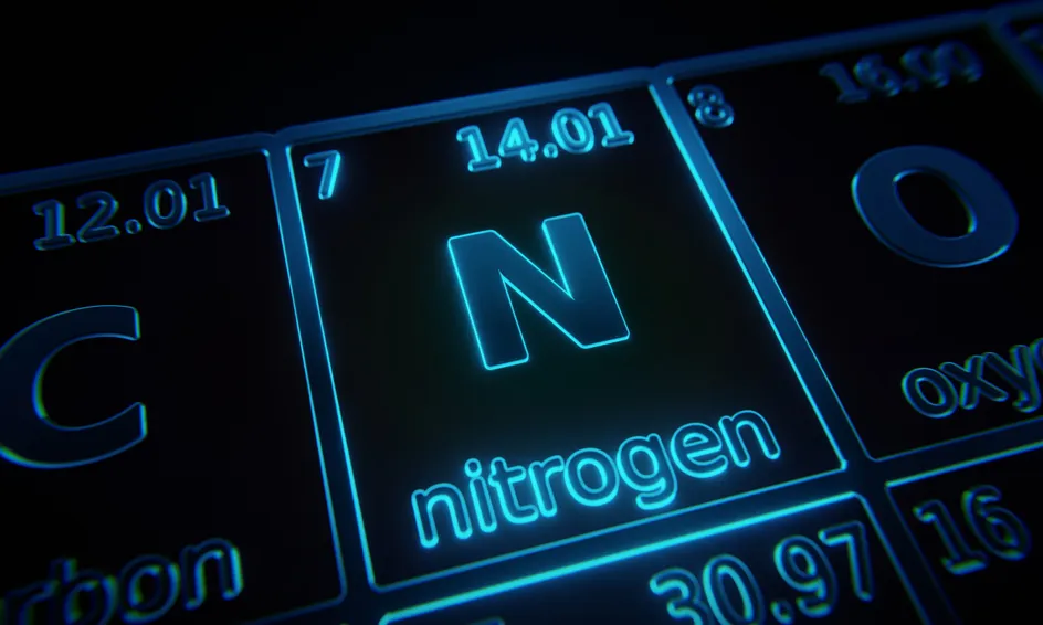Llun agos arddull neon disglair o'r elfen nitrogen ar y tabl cyfnodol, yn dangos ei symbol 'N', rhif atomig 7, a màs atomig 14.01.