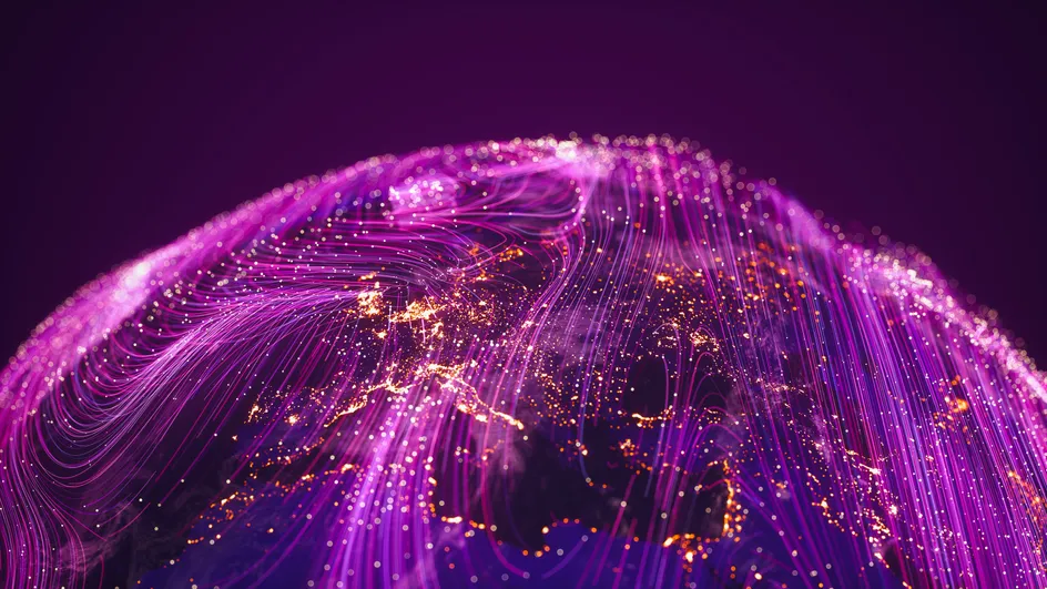 An image of the Earth with a number of light connections, showing information being shared across different countries.