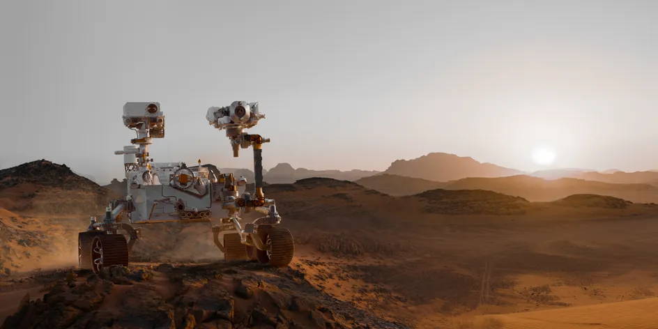 Dau robot ar arwyneb planed estron, gyda golau disglair o sêr yn y nefoedd