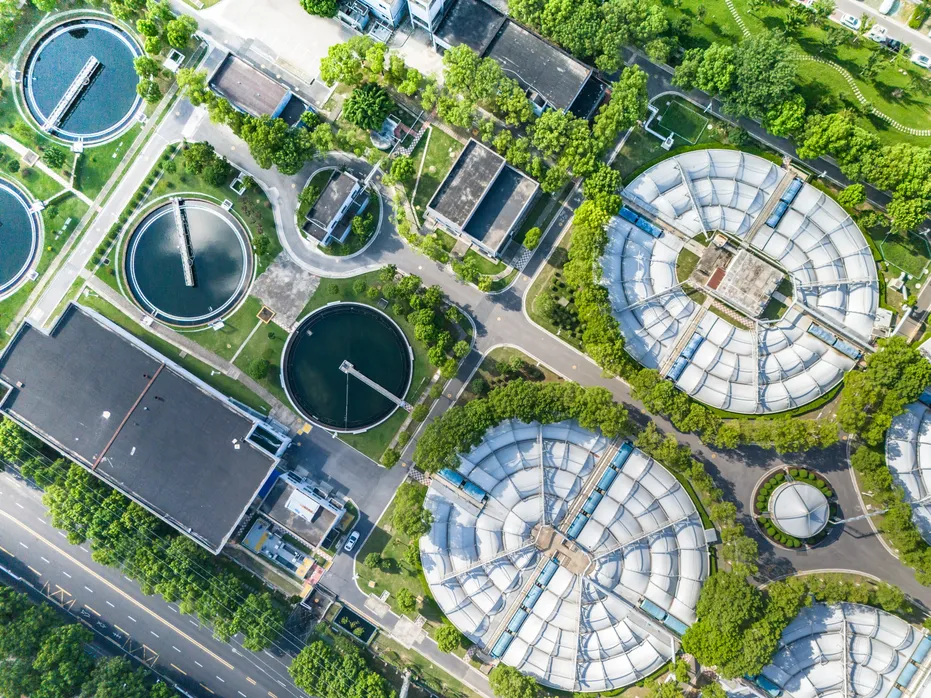 A picture of a water treatment works, taken from above