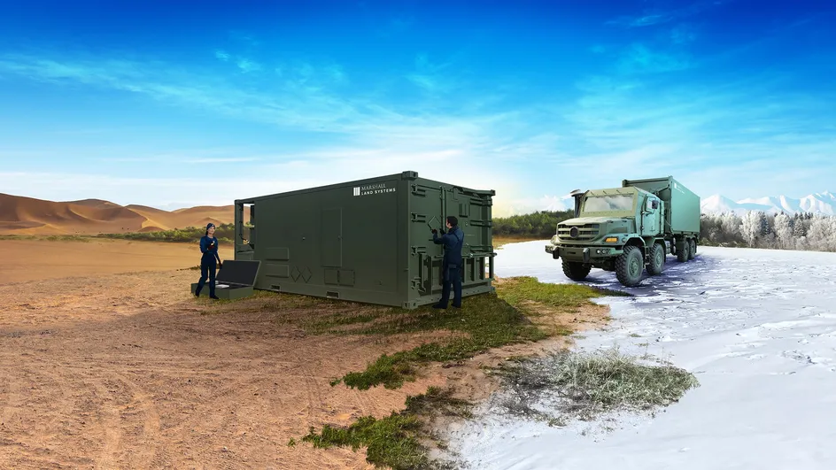 Marshall Land Systems modular shelter and vehicle demonstrated in desert and snow-covered environments