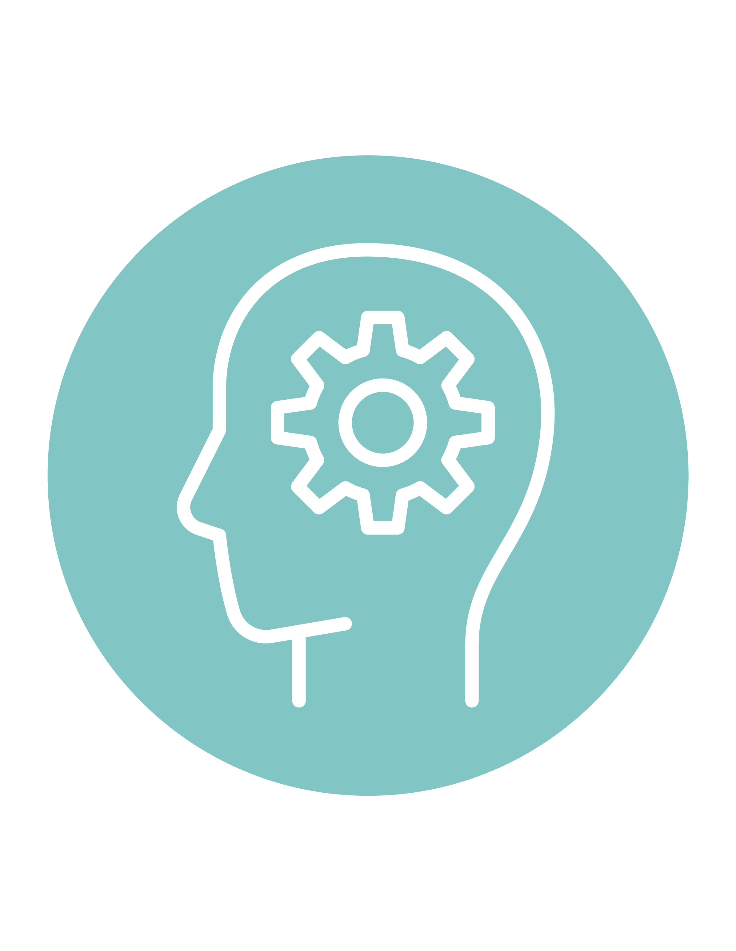 A blue illustrated icon of the outline of a head with a cog in the middle.