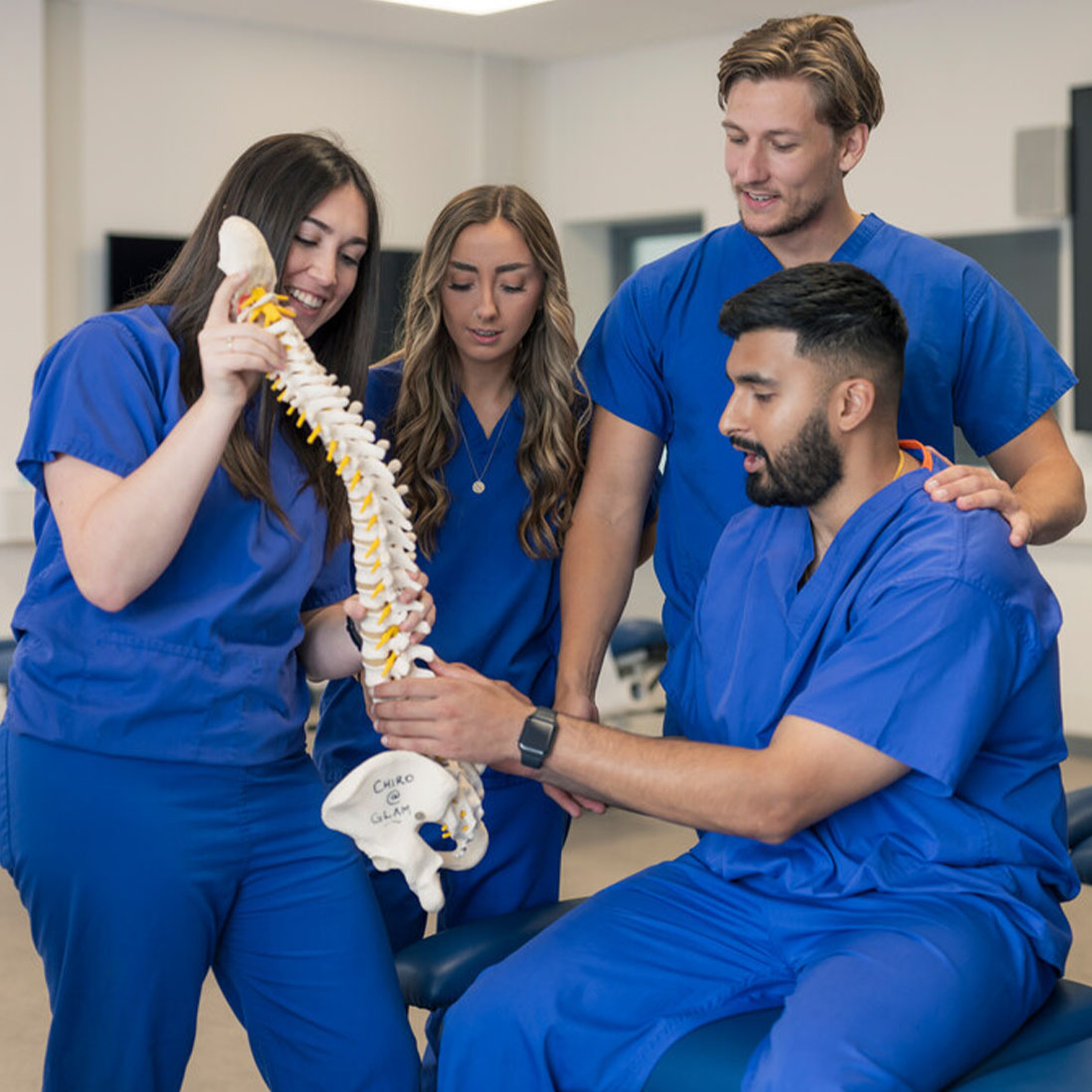 Four chiropractic students in blue scrubs examine the model of a spine and pelvis in a doctors office setting