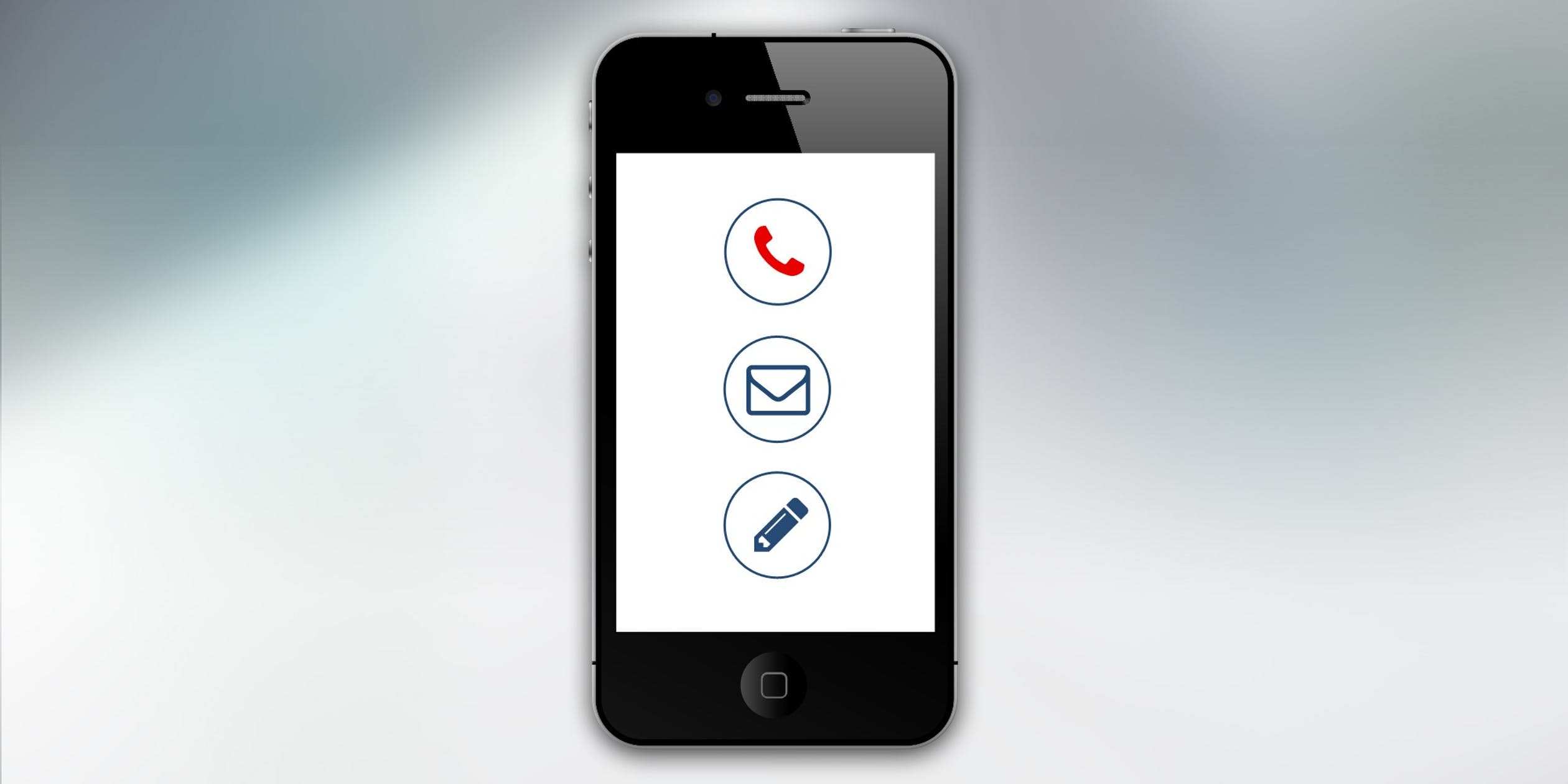 mobile phone with phone, email and pencil icons displaying