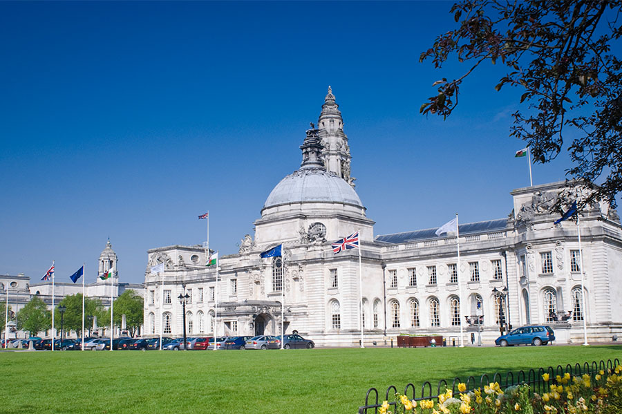 A view of Cardiff City Hall on a sunny day
