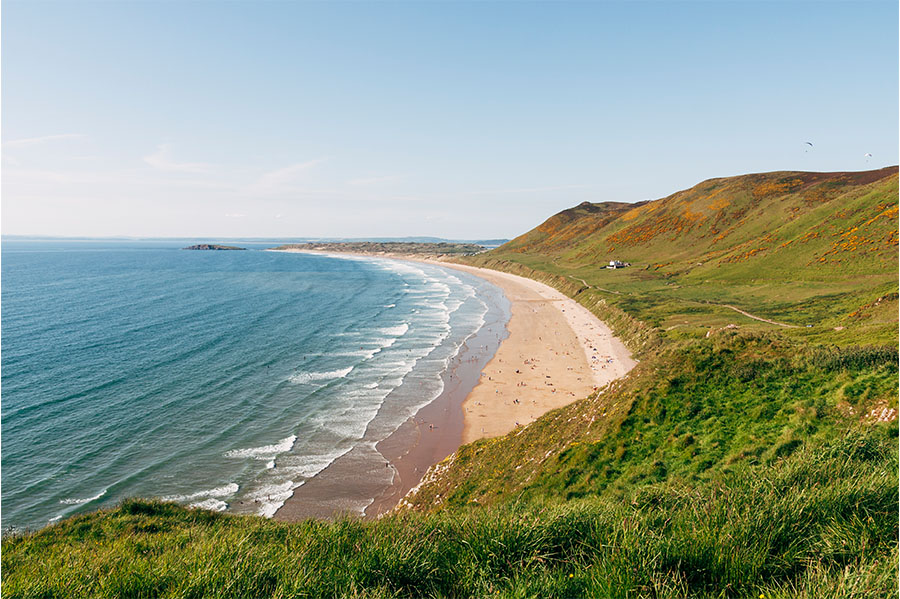 Rhossili Bay and beach on the Gower peninsula on the coast of South Wales.