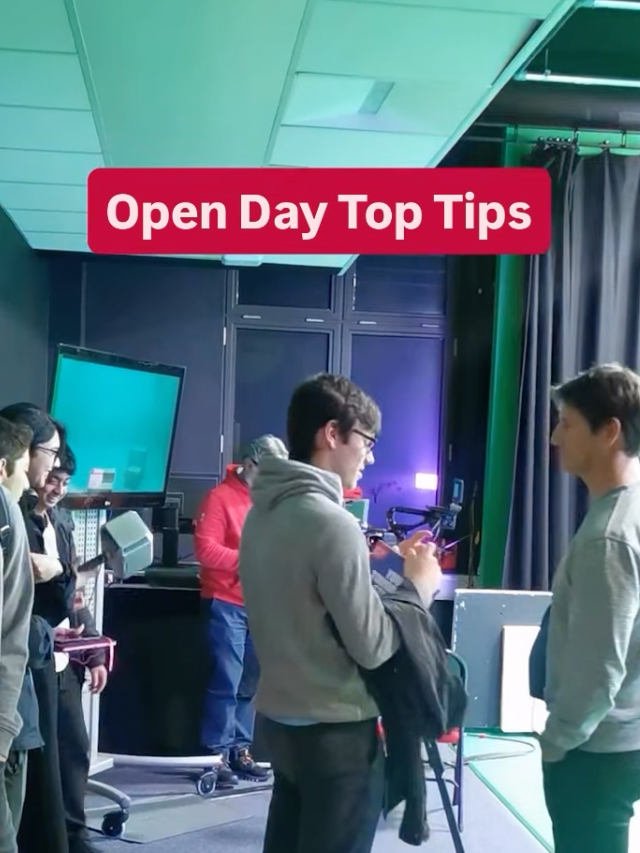 A group of open day visitors looking at facilities in the Cardiff campus. The title reads 